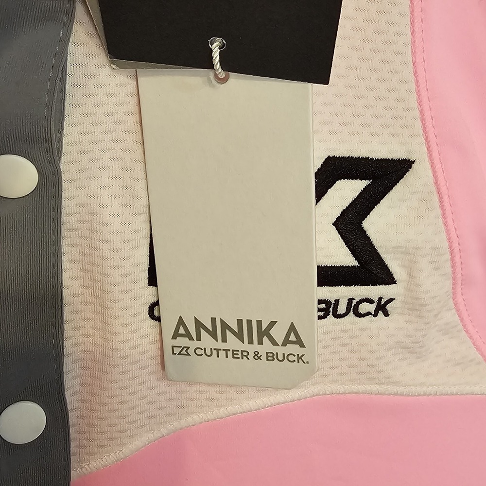 Annika Cutter & Buck Womens S/P Pink Gray White Golf Polo Shirt 4 Button - Picture 9 of 12